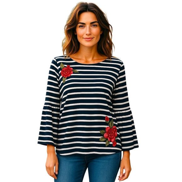 Black & White Striped Floral Embroidered Top XL - Picture 1 of 13